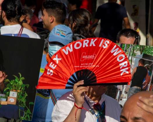 Trans Latinx Network July 9, 2022, New York, NY, USA: Sex work is work. Corona Plaza, Queens. Groups for community members and allies include social activities, educational programs, skill building training, and conversations about mental, physical, emotional and sexual health, with a mission to promote the healthy development of trans people. Services for immigrants as they adjust to a new life, culture, language, and economic and political norms. Copyright: xJohnxMarshallxMantelx