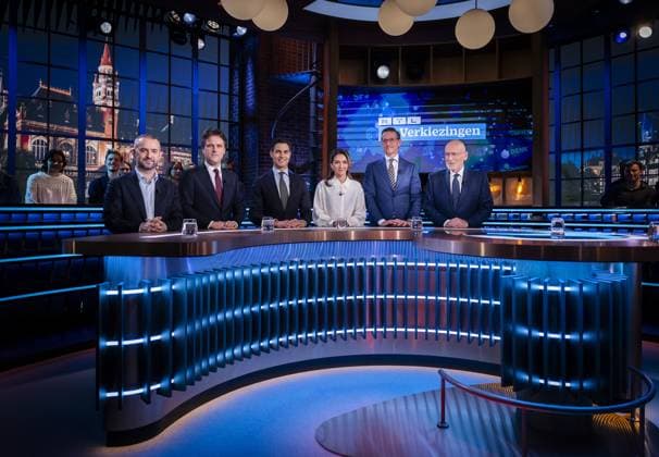 HILVERSUM (From left to right) Jimmy Dijk (SP), Henri Bontenbal (CDA), Rob Jetten (D66), Dilan Yesilgoz (VVD), Joost Eerdmans (JA21), and Frans Timmermans (GroenLinks-PvdA) before the second RTL election debate in the RTL Tonight studio. PVV leader Geert Wilders was invited but withdrew. Dijk took his place. ANP REMKO DE WAAL netherlands out - belgium out  Copyright: xx x539704346x originalFilename: 539704346.jpg