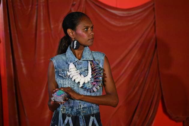 MELBOURNE FASHION WEEK 2025, A model walks the Ganbu Marra runway wearing a design by Goompi™s Girl during the Melbourne Fashion Week Media preview in Melbourne, Monday, October 20, 2025. ( NO ARCHIVING MELBOURNE VICTORIA AUSTRALIA  Copyright: xJAMESxROSSx 20251020162463502417