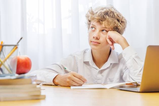 Schüler beim Lernen zu Hause mit Laptop, Notebook und Lernmaterial Schoolboy studying at home with laptop, notebook, and learning materials, looking thoughtful and confused (License=RF) ,model released, Symbolfoto Copyright: xZoonar.com EvgenyxKarandaevx 24080874 ,model released, Symbolfoto ,property released