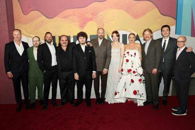 New York premiere of Focus Features Bugonia at the The Museum of Modern Art Featuring: (L-R) Andrew Lowe (Producer), Ari Aster (Producer), Lars Knudsen (Producer), Stavros Halkias, Aidan Delbis, Yorgos Lanthimos (Director), Emma Stone, Alica Silverstone, Jesse Plemons, Will Tracy (Writer) and Ed Guiney (Producer) Where: Brooklyn, New York, United States When: 21 Oct 2025 Credit: Marion Curtis StarPix for Focus Features INSTARimages EDITORIAL USE ONLY. NOT FOR USE BY NEWSPAPERS BASED IN THE UK. Copyright: xx instar55200174