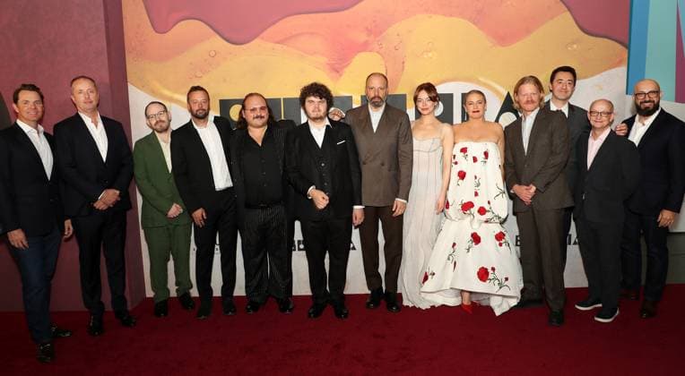 New York premiere of Focus Features Bugonia at the The Museum of Modern Art Featuring: (L-R) Jason Cassidy (Exec Focus Features), Andrew Lowe (Producer), Ari Aster (Producer), Lars Knudsen (Producer), Stavros Halkias, Aidan Delbis, Yorgos Lanthimos (Director), Emma Stone, Alica Silverstone, Jesse Plemons, Will Tracy (Writer), Ed Guiney (Producer) and Peter Kujawski (Exec Focus Features) Where: Brooklyn, New York, United States When: 21 Oct 2025 Credit: Marion Curtis StarPix for Focus Features INSTARimages EDITORIAL USE ONLY. NOT FOR USE BY NEWSPAPERS BASED IN THE UK. Copyright: xx instar55200175