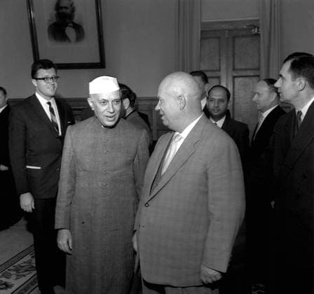 USSR. First Secretary of the Communist Party of the Soviet Union Nikita Khrushchev meets with Indian Prime Minister Jawaharlal Nehru during his visit to the Soviet Union. Vasily Yegorov TASS  264476