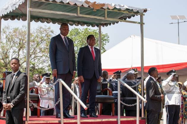 (251024) -- LUSAKA, Oct. 24, 2025 -- Zambian President Hakainde Hichilema (R) and Mozambican President Daniel Chapo (L) take part in Zambia s 61st Independence Day commemoration in Lusaka, Zambia on Oct. 24, 2025. ) ZAMBIA-LUSAKA-INDEPENDENCE-61ST ANNIVERSARY PengxLijun 