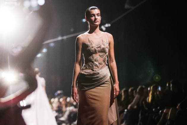ARMENIA, YEREVAN - OCTOBER 24, 2025: A woman models creations during a runway show for AAVVA, a Dubai-based fashion brand, as part of Yerevan Fashion Week 2025 at the Meridian Expo and Event Centre. Alexander Patrin TASS  85114522
