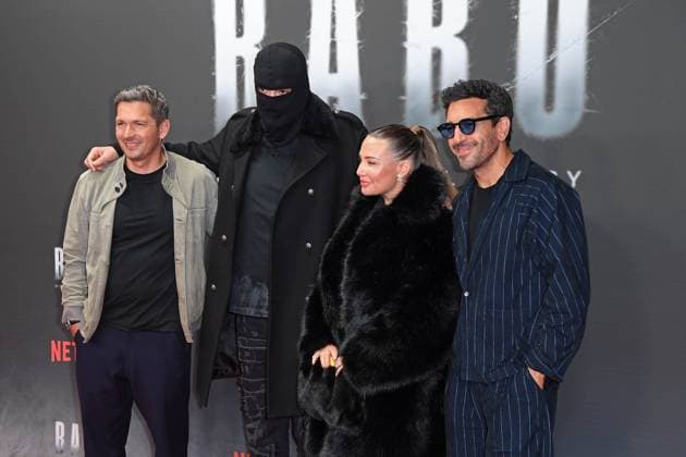 Paco Luca Nitsche, Aykut Anhan Haftbefehl with wife Nina Anhan, Elyas M Barek at the premiere of the Netflix documentary highlight BABO DIE HAFTBEFEHL STORY at the Astor Film Lounge in Berlin on 24 10 2025