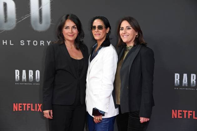 Düzen Tekkal with sisters Tülin Tekkal and Tuna Tekkal at the premiere of the Netflix documentary highlight BABO DIE HAFTBEFEHL STORY at the Astor Film Lounge in Berlin on 24 10 2025