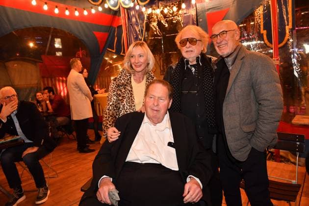 Bernhard Paul and Otfried Fischer with wife Simone and Otto Retzer Roncalli Premiere ARTistART Werksviertel at Ostbahnhof Munich October 24, 2025