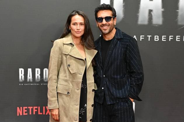 Elyas M Barek and his wife Jessica M Barek at the Babo Die Haftbefehl Story Netflix documentary premiere on 24 10 2025 at the Astor Film Lounge in Berlin Babo Netflix Premiere in Berlin