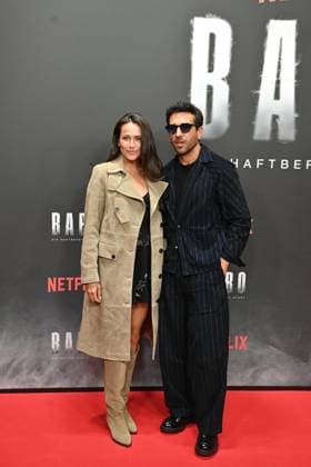 Elyas M Barek and his wife Jessica M Barek at the Babo Die Haftbefehl Story Netflix documentary premiere on 24 10 2025 at the Astor Film Lounge in Berlin Babo Netflix Premiere in Berlin