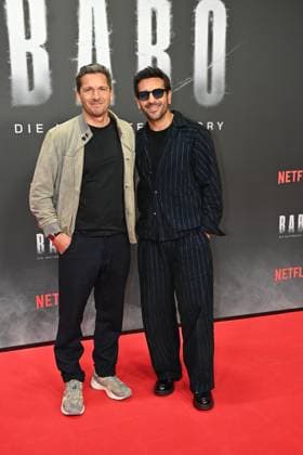Paco Luca Nitsche and Elyas M Barek at the Babo Die Haftbefehl Story Netflix documentary premiere on 24 10 2025 at the Astor Film Lounge in Berlin Babo Netflix Premiere in Berlin
