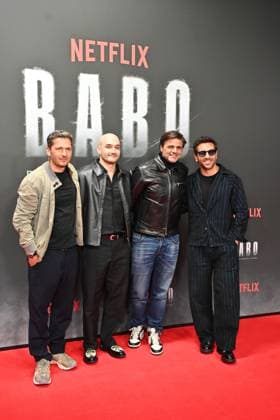 Paco Luca Nitsche, Sinan Sevinc , Juan Moreno and Elyas M Barek at the Babo Die Haftbefehl Story Netflix documentary premiere on 24 10 2025 at the Astor Film Lounge in Berlin Babo Netflix Premiere in Berlin