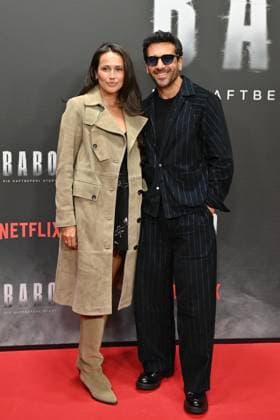 Elyas M Barek and his wife Jessica M Barek at the Babo Die Haftbefehl Story Netflix documentary premiere on 24 10 2025 at the Astor Film Lounge in Berlin Babo Netflix Premiere in Berlin