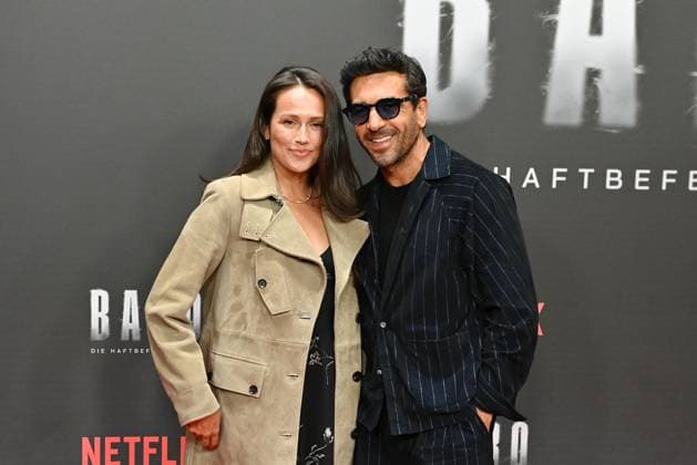 Elyas M Barek and his wife Jessica M Barek at the Babo Die Haftbefehl Story Netflix documentary premiere on 24 10 2025 at the Astor Film Lounge in Berlin Babo Netflix Premiere in Berlin