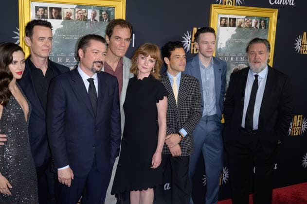 Nuremberg Premiere - Los Angeles, USA LOS ANGELES, USA. October 24, 2025: Lydia Peckham, Colin Hanks, James Vanderbilt, Michael Shannon, Wrenn Schmidt, Rami Malek, Mark O Brien & Russell Crowe at the AFI FEST premiere for Nuremberg at the TCL Chinese Theatre. Los Angeles CA USA  Copyright: xPaulxSmith Featureflashx
