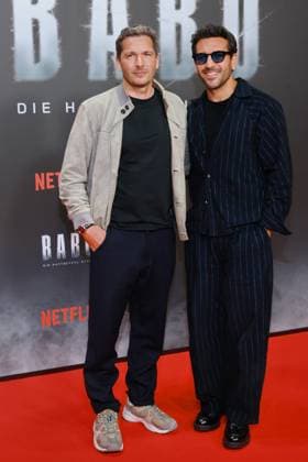 24 10 2025, Pacco Luca Nitsche and Elyas MÕBarek at the Netflix premiere of Babo Ð The Arrest Warrant Story, Astor Film Lounge, Berlin, Berlin