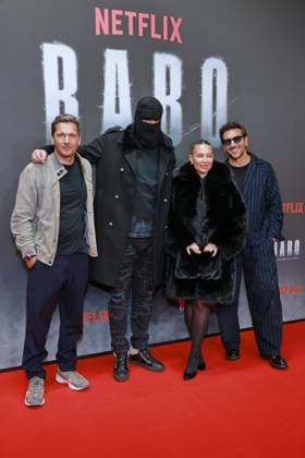 24 10 2025, Pacco Luca Nitsche, Aykut Anhan aka Haftbefehl, Nina Anhan, Elyas MÕBarek at the Netflix premiere of Babo Ð The Haftbefehl Story, Astor Film Lounge, Berlin, Berlin