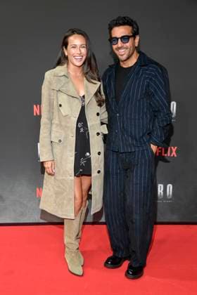 abb Haftbefehl Jessica Riso and Elyas M Barek couple as guests on the red carpet of the special screening event of the Netflix documentary highlight Babo The Haftbefehl Story at the Astor Film Lounge on 24 10 2025in Berlin Berlin Germany