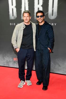 abb Haftbefehl Pacco Luca Nitsche and Elyas M Barek as guests on the red carpet of the special screening event of the Netflix documentary highlight Babo The Haftbefehl Story at the Astor Film Lounge on 24 10 2025in Berlin Berlin Germany