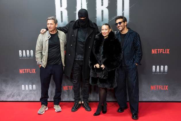 Babo, premiere at the Astor Film Lounge, Berlin, 24 10 2025 Paco Luca Nitsche, Aykut Anhan aka Haftbefehl, Nina Anhan and Elyas M Barek at the premiere of the Netflix film Babo at the Astor Film Lounge Berlin on 24 10 2025 Berlin Astor Film Lounge Copyright: xBenxKriemannx