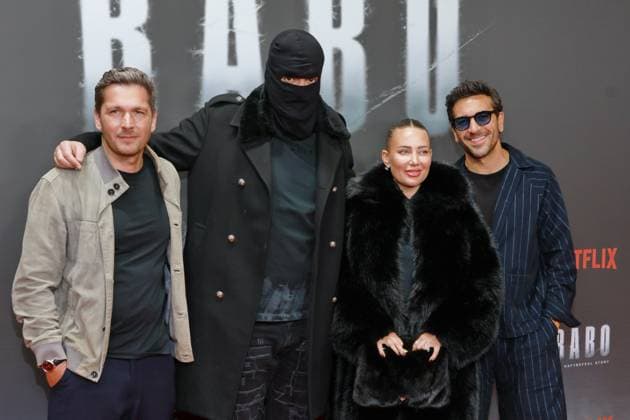 24 10 2025, Pacco Luca Nitsche, Aykut Anhan aka Haftbefehl, Nina Anhan, Elyas MÕBarek at the Netflix premiere of Babo Ð The Haftbefehl Story, Astor Film Lounge, Berlin, Berlin