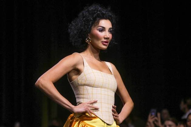 ARMENIA, YEREVAN - OCTOBER 25, 2025: A woman models creations during a runway show for THE WSHOP as part of Yerevan Fashion Week 2025 at the Meridian Expo and Event Centre. Alexander Patrin TASS  85148113