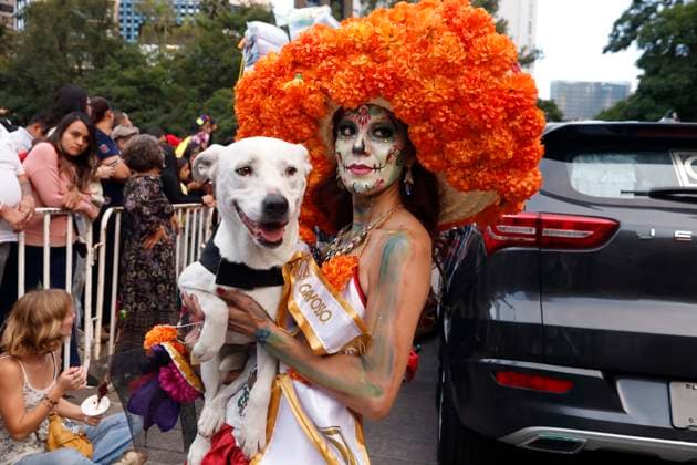 Mega Procession of the Catrinas for the Day of the Dead Celebration A person taking part during the Mega Procession of the Catrinas on Paseo de la Reforma Avenue, prior to the Day of the Dead celebrations. on October 26, 2025 in Mexico City, Mexico. (Photo by Ian Robles Eyepix Group) Copyright: xLuisxBarronx xEyepixxGroupx LB_26102025_172044