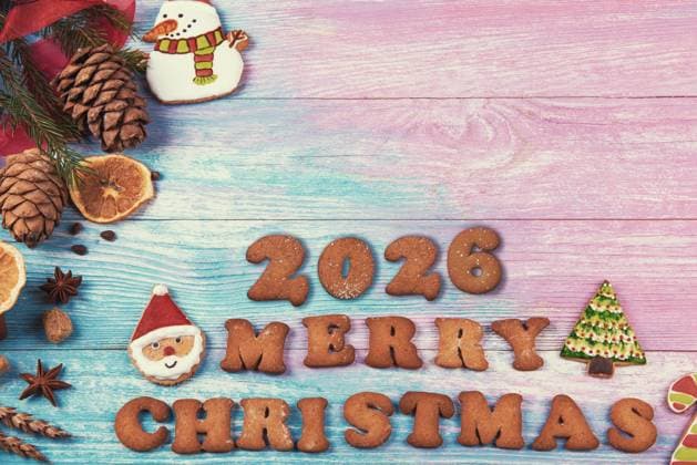 IMAGO Creative, Weihnachten, Food, Backen, Lebkuchen Bunte Weihnachtsplätzchen Gruß für 2026 Feiertage Festive gingerbread cookies with icing decorations and the number 2026 arranged on a colorful wooden background with holiday accents. (License=RF) Copyright: xZoonar.com RuslanxOlinchukx 24092442