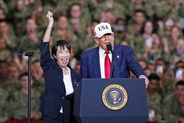 U.S. President Trump at Yokosuka base U.S. President Donald Trump speaks to military personnel as Japanese Prime Minister Sanae Takaichi gestures aboard the aircraft carrier George Washington at the U.S. Navy base in Yokosuka, Kanagawa Prefecture, eastern Japan, on Oct. 28, 2025.  A14AA0004982885P