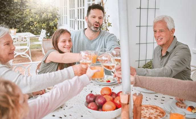 Family, wine and toast with children on patio for celebration, generations or bonding together. Cheers, glass and people with thanksgiving in backyard for gathering, meal or weekend lunch at home Family, wine and toast with children on patio for celebration, generations or bonding together. Cheers, glass and people with thanksgiving in backyard for gathering, meal or weekend lunch at home., model released, , 61057732.jpg RECORD DATE NOT STATED