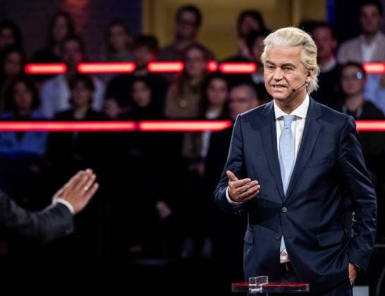 THE HAGUE Party leader Rob Jetten (D66) debates with Geert Wilders (PVV) during the NOS Final Debate. On the eve of the parliamentary elections, the leaders of the six largest parties debated each other, moderated by Rob Trip. ANP REMKO DE WAAL netherlands out - belgium out  Copyright: xx x540585479x originalFilename: 540585479.jpg