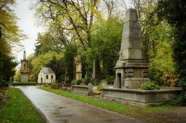 Hauptachse des Melaten-Friedhofs (Millionenallee) in Köln mit prächtigen historischen Grabstätten im stimmungsvollen, sanften Licht eines späten Oktobertages *** Main axis of Melaten Cemetery Million avenue in Cologne with magnificent Historical Tombs at atmospheric, gentle Light one late October days 1133501430