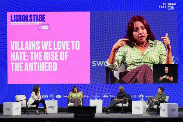 TRIBECA FESTIVAL LISBOA Daniela Ruah (L), Veronica Falcon (C), Giancarlo Esposito (C) and Joaquim de Almeida (R) addresses the audience during first day of Tribeca Festival Lisboa 2025 in Lisbon, Portugal. 10 30 2025 Lisboa Unicorn Factory Lisboa Lisboa Portugal Copyright: xBrunoxdexCarvalhox