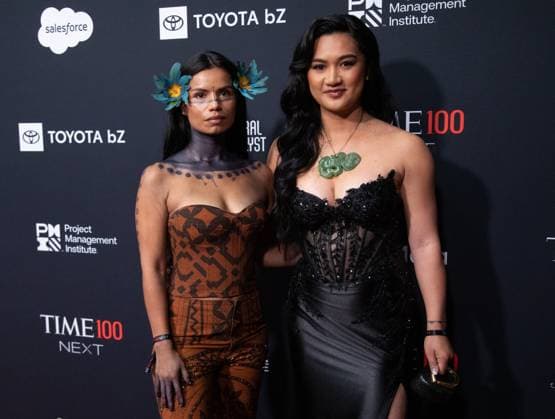 Nina Gualinga and Hana-Rawhiti Maipi-Clarke arrive on the red carpet for the 2025 TIME100 Next at Current at Chelsea Piers Pier 59 on Thursday, October 30, 2025 in New York City.  NYP20251030543 SERENAxXUxNING