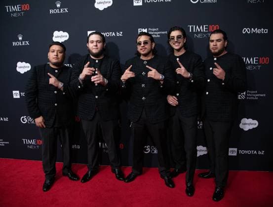 Samuel Jáimez, Khrystian Ramos, Jesús Ortíz Paz, Moisés López and José García of Fuerza Regida arrive on the red carpet for the 2025 TIME100 Next at Current at Chelsea Piers Pier 59 on Thursday, October 30, 2025 in New York City.  NYP20251030545 SERENAxXUxNING