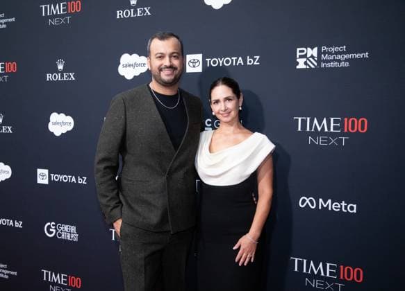 Arjav Ezekiel and Tracey Malechek-Ezekiel arrive on the red carpet for the 2025 TIME100 Next at Current at Chelsea Piers Pier 59 on Thursday, October 30, 2025 in New York City.  NYP20251030531 SERENAxXUxNING