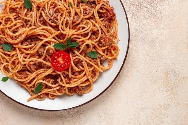 Spaghetti Bolognese, Draufsicht, Nahaufnahme, ohne Personen, hausgemacht, Spaghetti Bolognese, top view, close-up, no people, homemade, (License=RF) Copyright: xZoonar.com GalinaxDidebashvilix 24182075