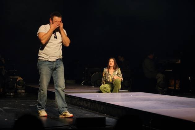 Taner Sahintürk as Cem and Anastasia Gubareva as Esma, lecturer during the photo rehearsal for Berlin Karl Marx Platz at Maxim Gorki Theater in Berlin, October 30, 2025 Play and direction Hakan Savas Mican Stage Alissa Kolbusch Costumes Miriam Marto and Sylvia Rieger Premiere is on November 1, 2025 Maxim Gorki Theater Berlin Karl Marx Platz