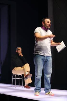 Falilou Seck as Paul, gallery owner and Taner Sahintürk as Cem , f l , during the photo rehearsal for Berlin Karl Marx Platz at Maxim Gorki Theater in Berlin, October 30, 2025 Play and direction Hakan Savas Mican Stage Alissa Kolbusch Costumes Miriam Marto and Sylvia Rieger Premiere is on November 1, 2025 Maxim Gorki Theater Berlin Karl Marx Platz