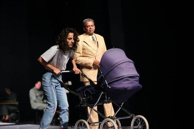 Sesede Terziyan as Lisa and Falilou Seck as Paul, gallery owner during the photo rehearsal for Berlin Karl Marx Platz at Maxim Gorki Theater in Berlin, October 30, 2025 Play and direction Hakan Savas Mican Stage Alissa Kolbusch Costumes Miriam Marto and Sylvia Rieger Premiere is on November 1, 2025 Maxim Gorki Theater Berlin Karl Marx Platz