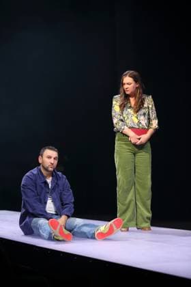 Taner Sahintürk as Cem and Anastasia Gubareva as Esma, lecturer during the photo rehearsal for Berlin Karl Marx Platz at Maxim Gorki Theater in Berlin, October 30, 2025 Play and direction Hakan Savas Mican Stage Alissa Kolbusch Costumes Miriam Marto and Sylvia Rieger Premiere is on November 1, 2025 Maxim Gorki Theater Berlin Karl Marx Platz