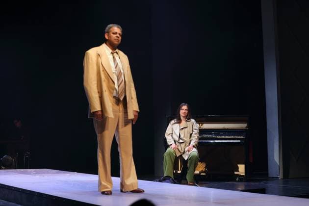 Falilou Seck as Paul, gallery owner and Anastasia Gubareva as Esma, lecturer during the photo rehearsal for Berlin Karl Marx Platz at Maxim Gorki Theater in Berlin, October 30, 2025 Play and direction Hakan Savas Mican Stage Alissa Kolbusch Costumes Miriam Marto and Sylvia Rieger Premiere is on November 1, 2025 Maxim Gorki Theater Berlin Karl Marx Platz