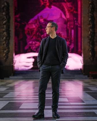 Peter Walker Connection and Identity installations photocall at the Painted Hall, Old Royal Naval College Greenwich, London, UK London, UK. 31th Oct 2025. Artist and sculptor Peter Walker with his installations Connection and Identity in the Painted Hall at Old Royal Naval College, Greenwich. Identity shows eight illuminated suspended columns, evoking DNA structures, and Connection is a modern re-interpretation of Michelangelo™s Creation of Adam, replacing the traditionally male hands with casts of women™s hands., Credit:Imageplotter Avalon  Copyright: xImageplotterx xAvalonx 1049395562