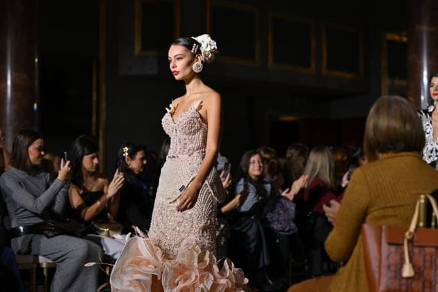 October 31, 2025, Madrid, Spain: A model walks in a Amparo Pardal design at the International Flamenco Fashion Week Madrid, (SIMOF) show, at the Wellington Hotel. Madrid Spain - ZUMAs197 20251031_aaa_s197_032 Copyright: xAtilanoxGarciax