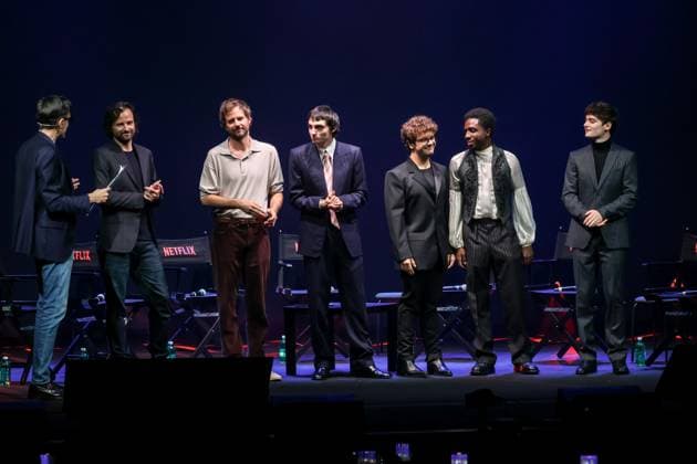 Lucca, The press conference for the Netflix Stranger Things 5 Global Events, One Last Adventure event during Lucca Comics & Games. Pictured: Finn Wolfhard, Gaten Matarazzo, Caleb McLaughlin, Noah Schnapp, Matt Duffer, and Ross Duffer.  Copyright: xAlessandroxBremecx xipa-agency.netx xx IPA_Agency_IPA67331897