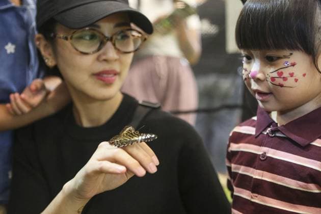 Indonesia International Pet Expo 2025 TANGERANG, INDONESIA - NOVEMBER 2 : A woman shows off a butterfly that has landed on her hand during the Indonesia International Pet Expo (IIPE) 2025 in Tangerang, Banten Province, Indonesia, on November 2, 2025. Featuring more than 300 exhibitors from Indonesia and abroad, the Indonesia International Pet Expo (IIPE) is one of the country’s leading platforms for pet products and services, attracting pet owners, animal communities, and industry professionals. Agoes Rudianto Anadolu Tangerang Indonesia. Editorial use only. Please get in touch for any other usage.  Copyright: x2025xAnadoluxAgoesxRudiantox