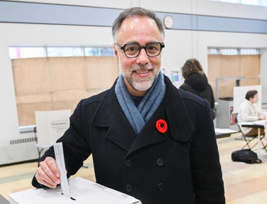 November 2, 2025, Montreal, Pq, Canada: Projet Montro al leader and mayoral candidate Luc Rabouin casts his ballot on municipal election day in Montreal, Sunday, November 2, 2025. Montreal Canada  - ZUMAc35_ 20251102_zaf_c35_112 Copyright: xGrahamxHughesx