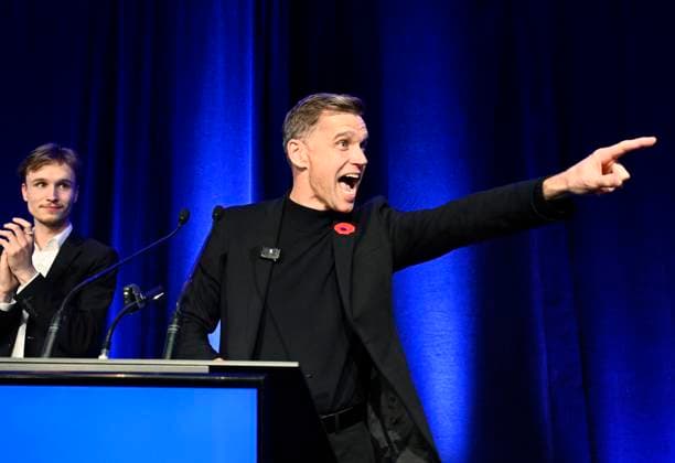 November 2, 2025, Quebec, Pq, Canada: Bruno Marchand reacts to his re-election as mayor of Quebec City during celebrations in Quebec City, Sunday, Nov. 2, 2025. MarchandöÄÃ s son Victor, left, applauds. Quebec Canada  - ZUMAc35_ 20251102_zaf_c35_260 Copyright: xJacquesxBoissinotx