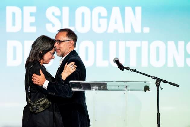 November 2, 2025, Montreal, Pq, CANADA: Projet Montro al leader and mayoral candidate Luc Rabouin embraces city councillor Marie Plourde, after loosing the mayoral election, at the Projet Montro al election party on election night in Montreal, Sunday, Nov. 2, 2025. Montreal CANADA  - ZUMAc35_ 20251102_zaf_c35_268 Copyright: xChristopherxKatsarovx
