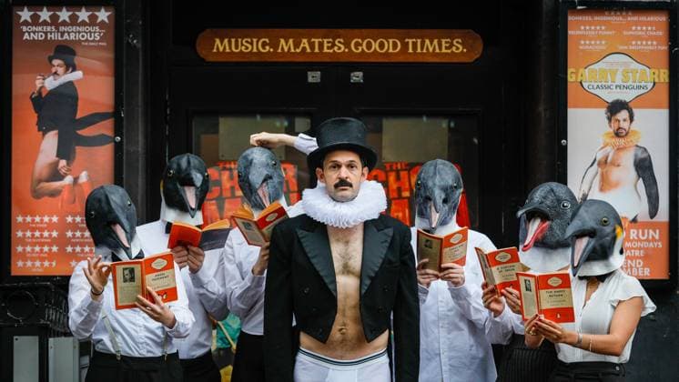 Garry Star: Classic Penguins photocall around the Arts Theatre, London, UK London, UK. 03rd Nov, 2025. Penguin enthusiast and comedian Garry Starr (actor and writer Damien Warren-Smith) hosts his Penguin Book Club, bringing together 9 cute, larger than life penguins in Soho in a bid to save Penguin Classics from extinction ahead of his hit show Garry Starr: Classic Penguins at the West End s Arts Theatre this November and December., Credit:Imageplotter Avalon  Copyright: xImageplotterx xAvalonx 1050067735